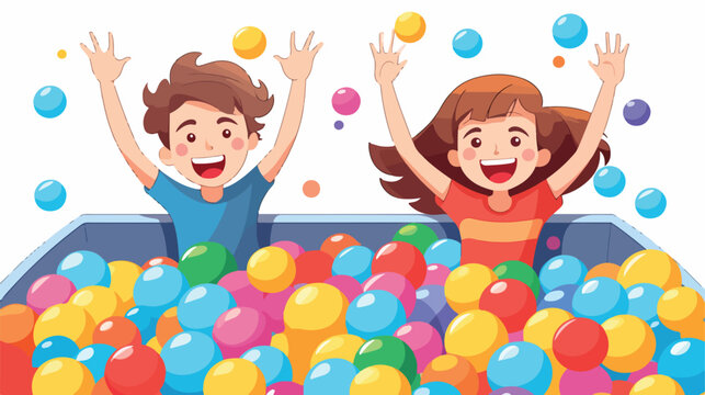 Happy boy and girl playing in a ball pit kids 
