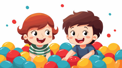 Happy boy and girl playing in a ball pit kids 