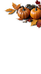 Pumpkins and autumn leaves picture border frame element with blank copy space for Halloween or thanksgiving promotion, advertising or social media posts . Generative AI.