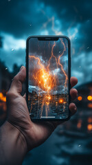 A close up on a hand holding a mobile, taking thunder sky shot . A shot of a stormy sky with lightning on a smartphone screen