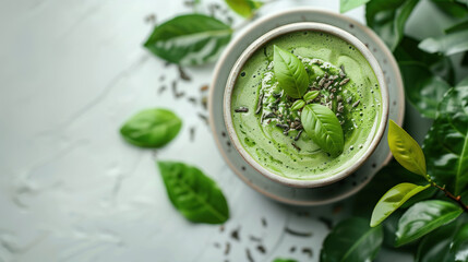 A green smoothie bowl decorated with chia seeds on a background of fresh green leaves