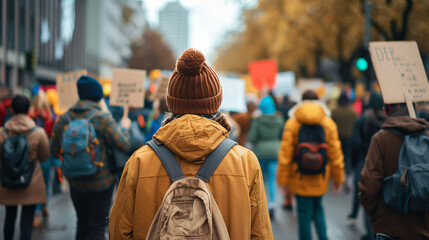 People participating in a global climate march holding signs and demanding action from leaders. - obrazy, fototapety, plakaty