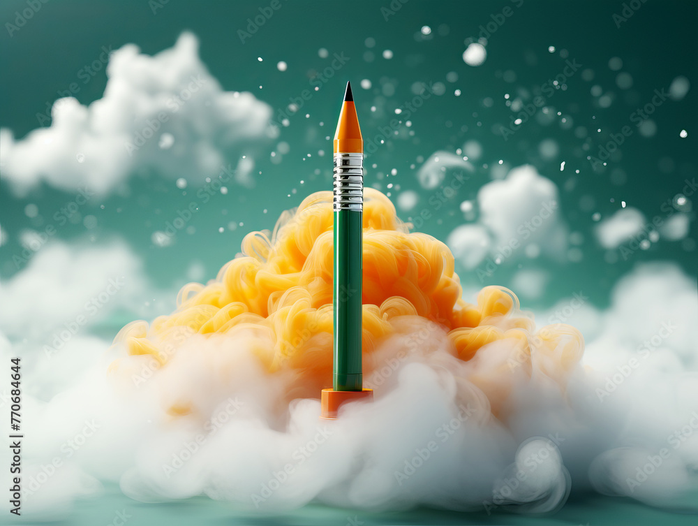Poster a pencil styled as a rocket launching with dynamic clouds and smoke plumes against a teal background