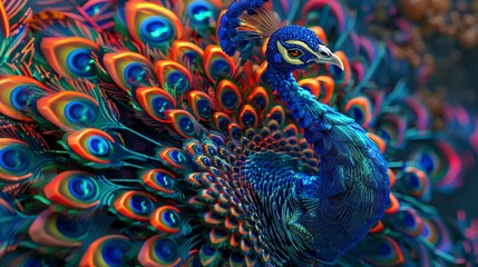 Utilize vibrant colors and intricate patterns to capture the beauty and complexity of a peacock without using the word create or make at the beginning