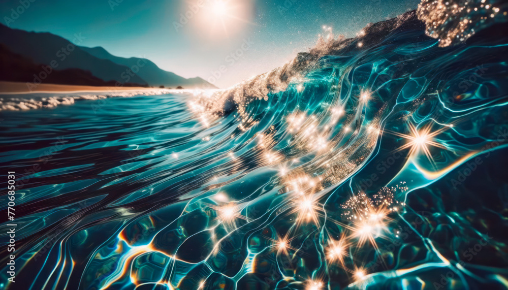 Aufkleber A sparkling wave cresting with a dynamic background of mountains, illuminated by sunlight, symbolizing natural energy. Generative AI