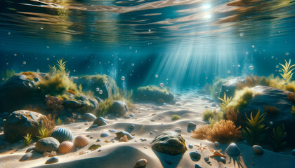An underwater scene with sunbeams illuminating sand, rocks, seashells, and aquatic plants on the...