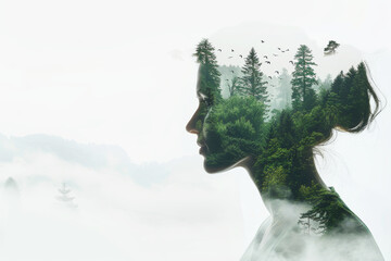 Silhouette of a woman with double exposure effect. A female head showing a green forest and beautiful nature. Environmental protection, global warming and climate change creative concept.