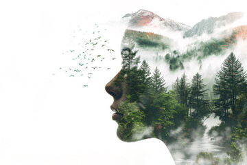 Silhouette of a woman with double exposure effect. A female head showing a green forest and beautiful nature. Environmental protection, global warming and climate change creative concept.