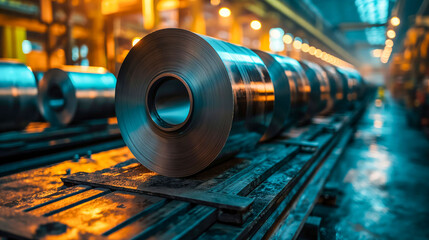 Steel Coils on Production Line in Industrial Manufacturing Plant
