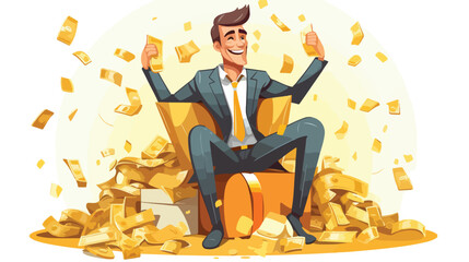 Happy millionaire character sitting on a pile of mo - obrazy, fototapety, plakaty