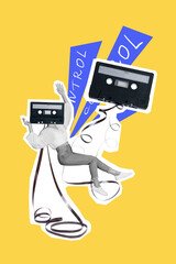Vertical photo collage of fallen girl instead head retro cassette control manipulate force motion propaganda isolated on painted background