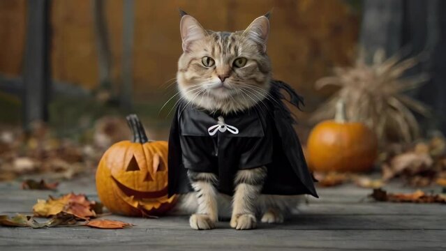Tabby cat in a black cape posing with a jack-o'-lantern. Feline dressed in a Halloween costume. Concept of holiday celebration, pet dressing, seasonal festivity, and whimsical animal attire.