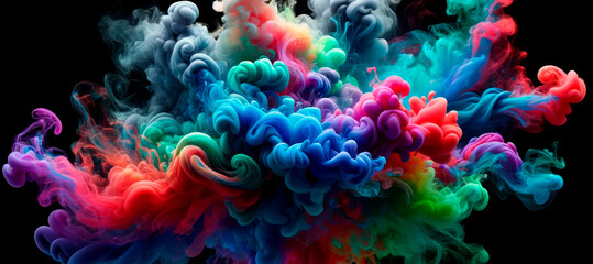 Vibrant colored smoke swirls on a dark background, showcasing a creative concept of fluid motion....