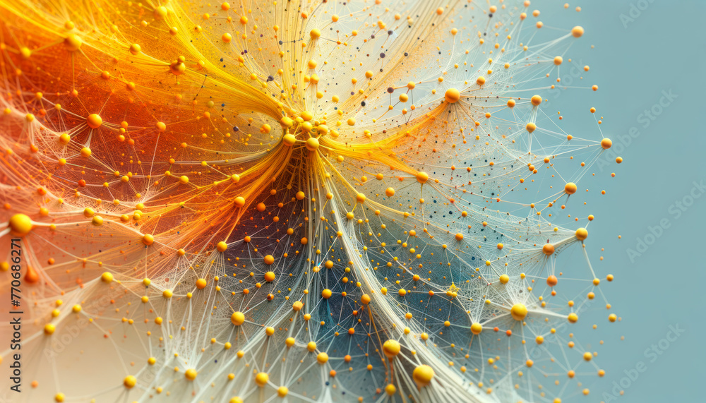 Poster A complex network with orange and yellow nodes on a soft blue gradient background, symbolizing connectivity. Generative AI