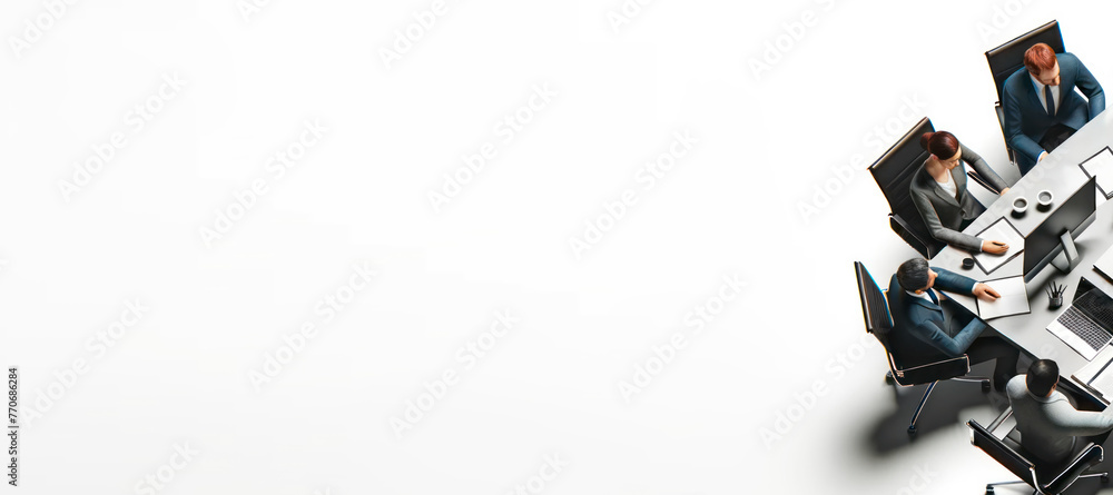 Poster top-down view of a professional business meeting with four participants on a white background, illus