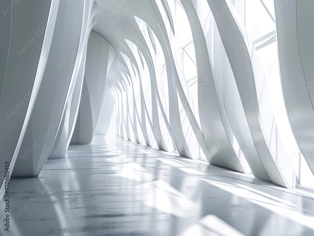 Poster a futuristic corridor with curving white walls and a bright interior, showcasing an architectural de
