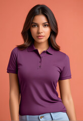 Obraz premium Confident young woman in a stylish purple polo shirt posing against a peach background, ideal for fashion and casual apparel concepts
