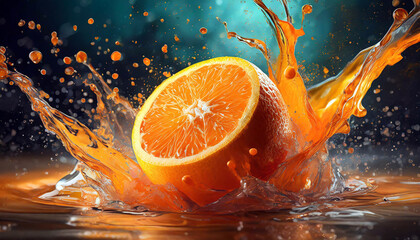 A burst of orange fruit splashing with an explosion of color and cinematic lighting