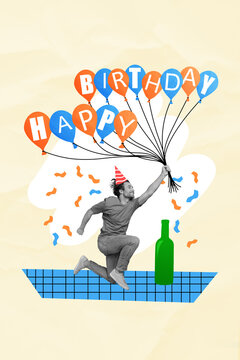 Vertical abstractive photo collage postcard happy birthday young energetic funky man holding balloons party celebration alcohol confetti