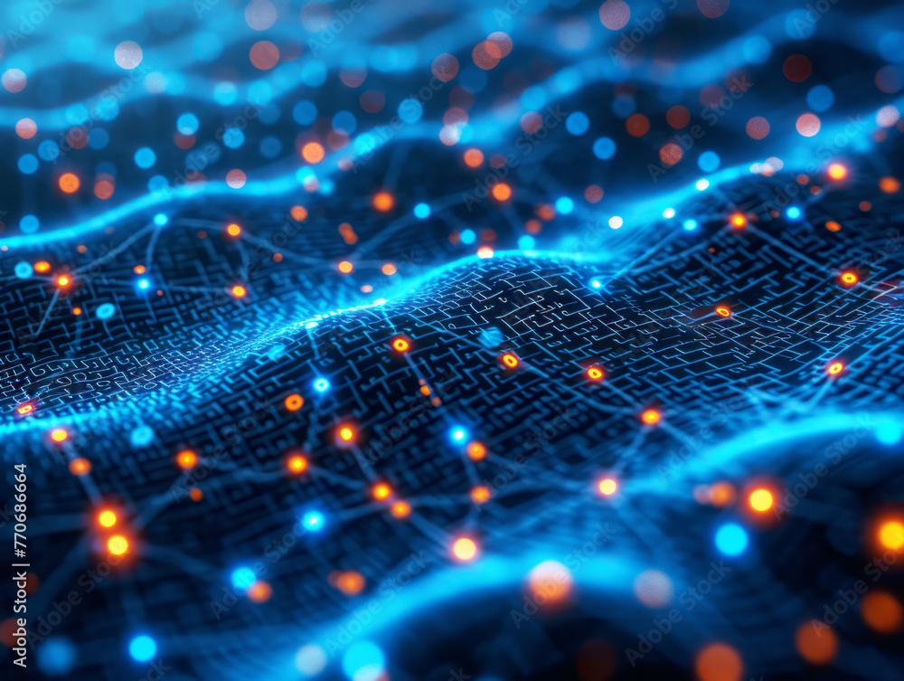 Poster a digital landscape with blue circuit pathways and glowing orange dots on a dark background, symboli