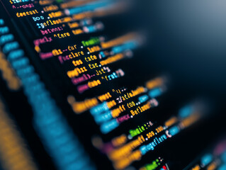 Focused view of code on a computer monitor, portraying a concept of software development on a blurred dark background. Generative AI - obrazy, fototapety, plakaty