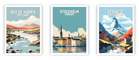 Isle of Harris, Stockholm, Zermatt Illustration Art. Travel Poster Wall Art. Minimalist Vector art
