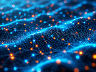 A digital landscape with blue circuit pathways and glowing orange dots on a dark background, symbolizing a technologically advanced concept. Generative AI