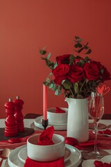 White ceramic vase overflowing with vibrant red roses, creating a romantic atmosphere