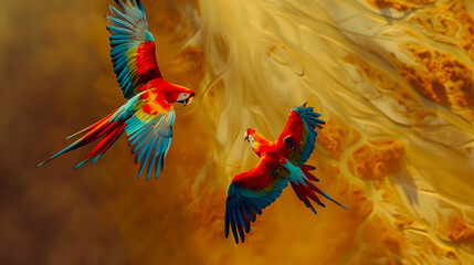 colorful macaw parrot couple flying 