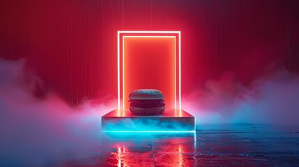 Red background, light emitting from a fast food, with a doorway in front of burger box, blue light. - obrazy, fototapety, plakaty