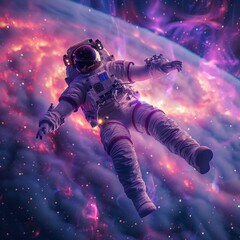 Fototapeta premium Astronaut floating in space in a distance, long shot, auroras, cyberpunk, premieum, purple and pink.