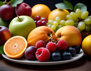 Naklejka na ściany i meble Fresh fruits and berries on a plate. Fresh fruits in close up