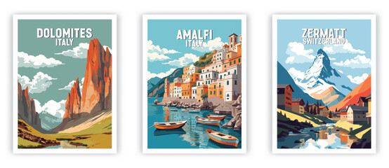 Fototapeta premium Dolomites, Amalfi, Zermatt Illustration Art. Travel Poster Wall Art. Minimalist Vector art