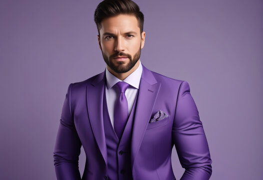 Handsome man in elegant purple suit posing confidently against a grey background, ideal for fashion and corporate event concepts