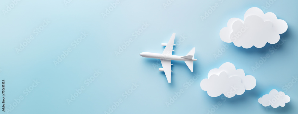 Poster paper airplane and clouds on a blue background, symbolizing creativity and travel, generative ai. ge