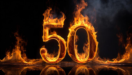 Number 50 made of fire flame on black background. Hot orange blaze. 3D rendering.