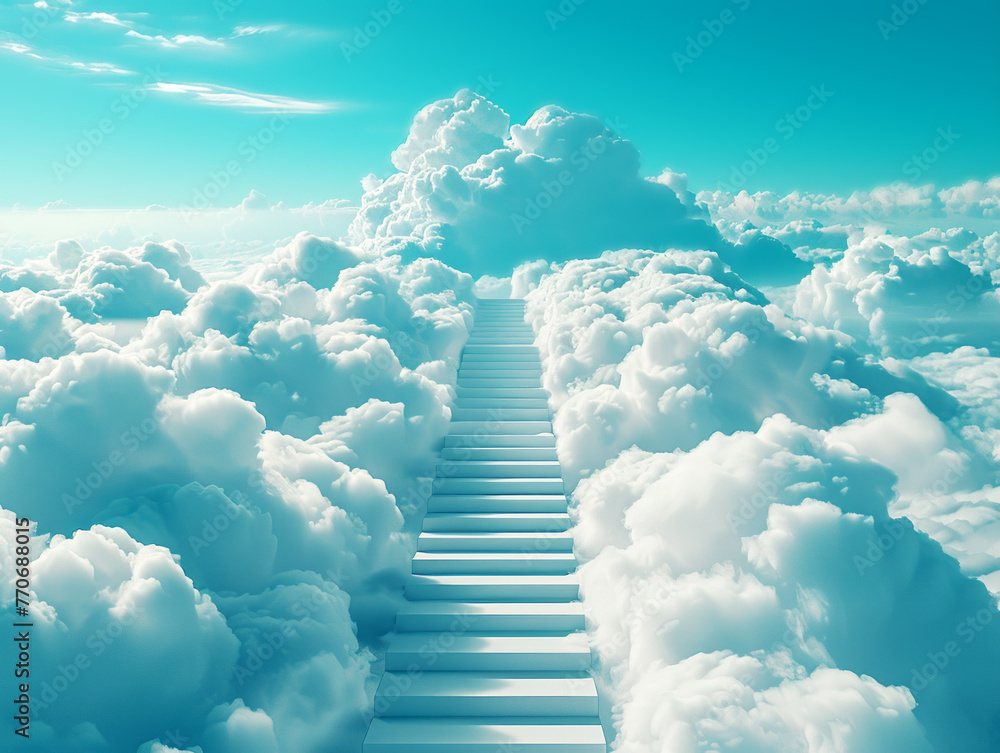 Poster a staircase ascending into fluffy clouds against a vibrant blue sky, symbolizing aspiration or a jou