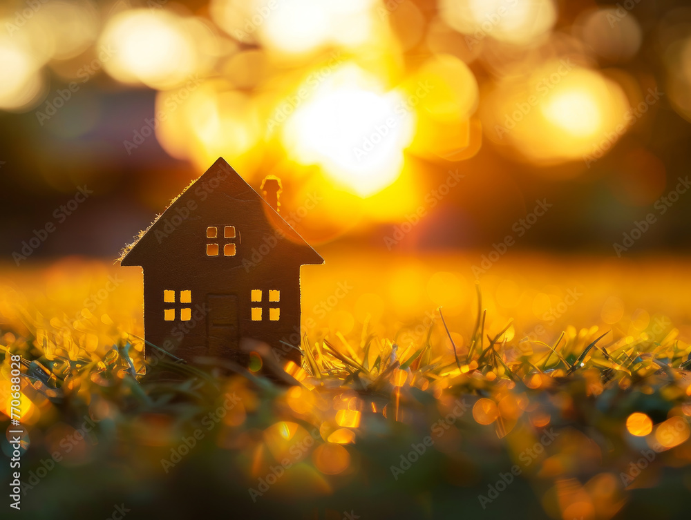 Poster a miniature house silhouette against a sunset, highlighted by a bokeh effect on a grass background, 