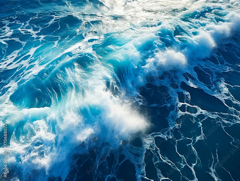 Aufkleber A dynamic ocean scene with crashing waves highlighted by sunlight, set against a deep blue background. Concept of natural power and beauty. Generative AI