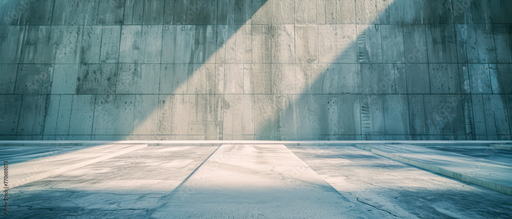 Poster An empty architectural space with shadows cast on a textured concrete wall and marble floor, light background, concept of minimalism. Generative AI