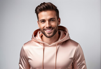 Confident young adult man smiling in a stylish peach hoodie, embodying casual fashion and positivity, perfect for lifestyle and apparel marketing