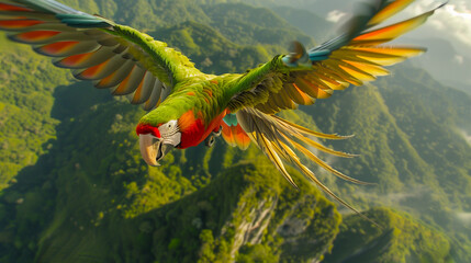 parrot flying over mountainous terrain, vivid colors