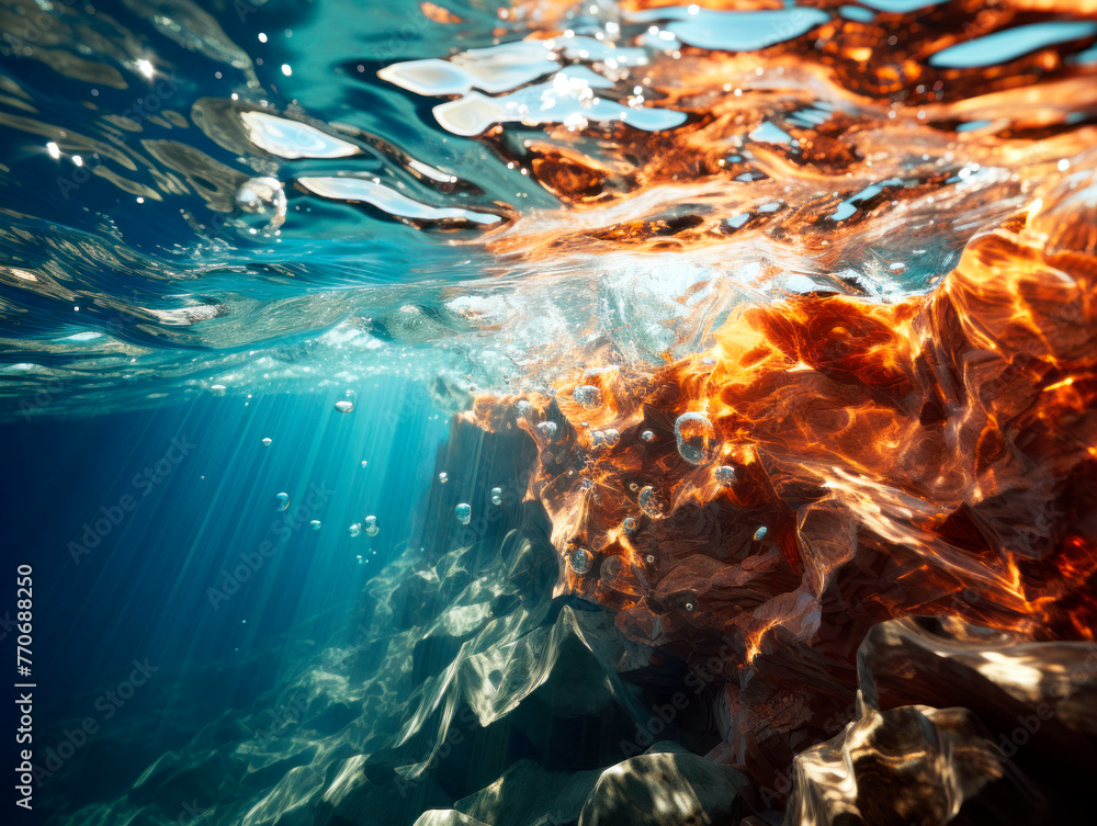 Poster underwater view with sun rays permeating through, highlighting rocks and bubbles, on a natural backg