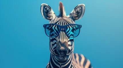 Fotobehang zebra in stylish sunglasses with reflections of stripes in the glasses against a blue background © Aleksandra Ermilova
