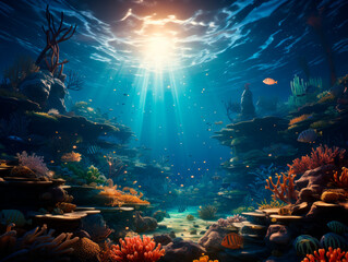 Fototapeta na wymiar Vibrant underwater seascape with sunbeams shining through, lush coral reef, and diverse marine life, set against a deep ocean background, concept of marine biodiversity. Generative AI