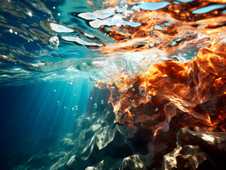 Underwater view with sun rays permeating through, highlighting rocks and bubbles, on a natural background, concept of exploration. Generative AI