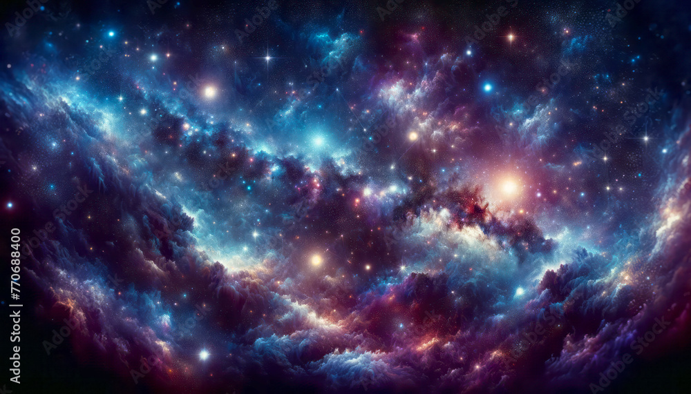 Poster a vibrant depiction of the cosmos with nebulae, stars, and celestial clouds against a dark space bac