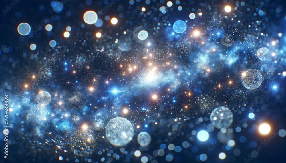 Aufkleber an abstract bokeh lights background, resembling a galaxy with a deep blue tone, symbolizing cosmic a