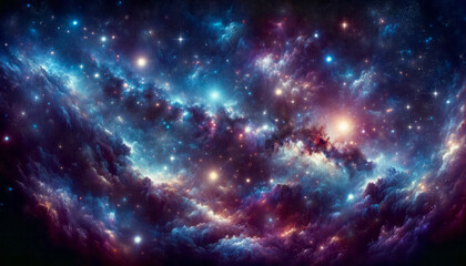 Naklejka premium A vibrant depiction of the cosmos with nebulae, stars, and celestial clouds against a dark space background, symbolizing the concept of the universe. Generative AI
