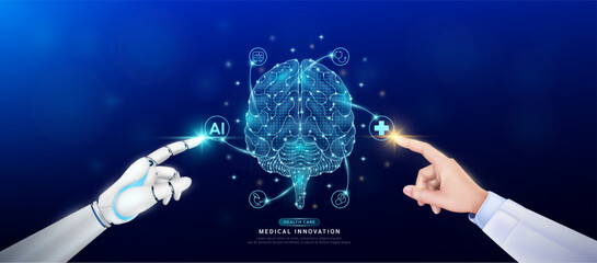 Brain in atom. Doctor and robot finger touching icon AI cross symbol. Health care too artificial intelligence cyborg or technology innovation science medical futuristic. Banner vector EPS10.